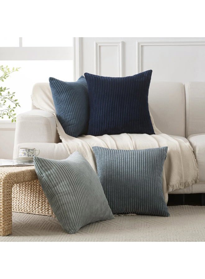Volcanics Set of 4 Dusty Blue Navy Series Corduroy Decorative Couch Throw Pillow Covers 18x18 Inch, Soft Modern Boho Striped Cushion Cases for Patio, Balcony, Children Bedroom, Summer Gradient Shams - Image 5