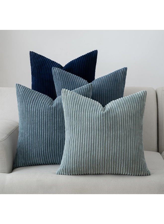 Volcanics Set of 4 Dusty Blue Navy Series Corduroy Decorative Couch Throw Pillow Covers 18x18 Inch, Soft Modern Boho Striped Cushion Cases for Patio, Balcony, Children Bedroom, Summer Gradient Shams - Image 1