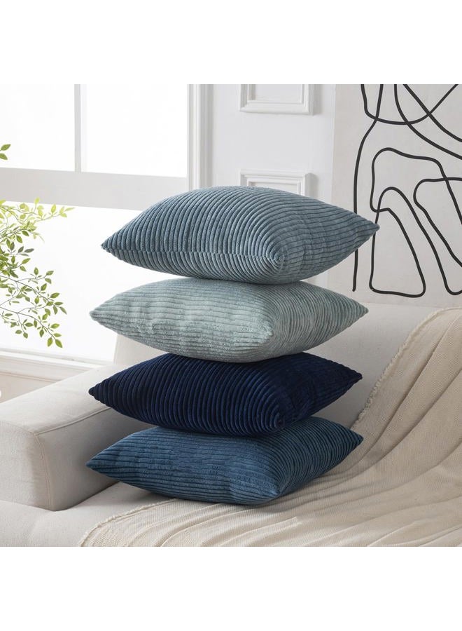 Volcanics Set of 4 Dusty Blue Navy Series Corduroy Decorative Couch Throw Pillow Covers 18x18 Inch, Soft Modern Boho Striped Cushion Cases for Patio, Balcony, Children Bedroom, Summer Gradient Shams - Image 2