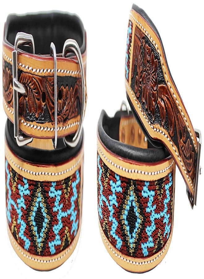 Small 13''- 17'' Hand Tooled Beaded Padded Leather Dog Collar 60162