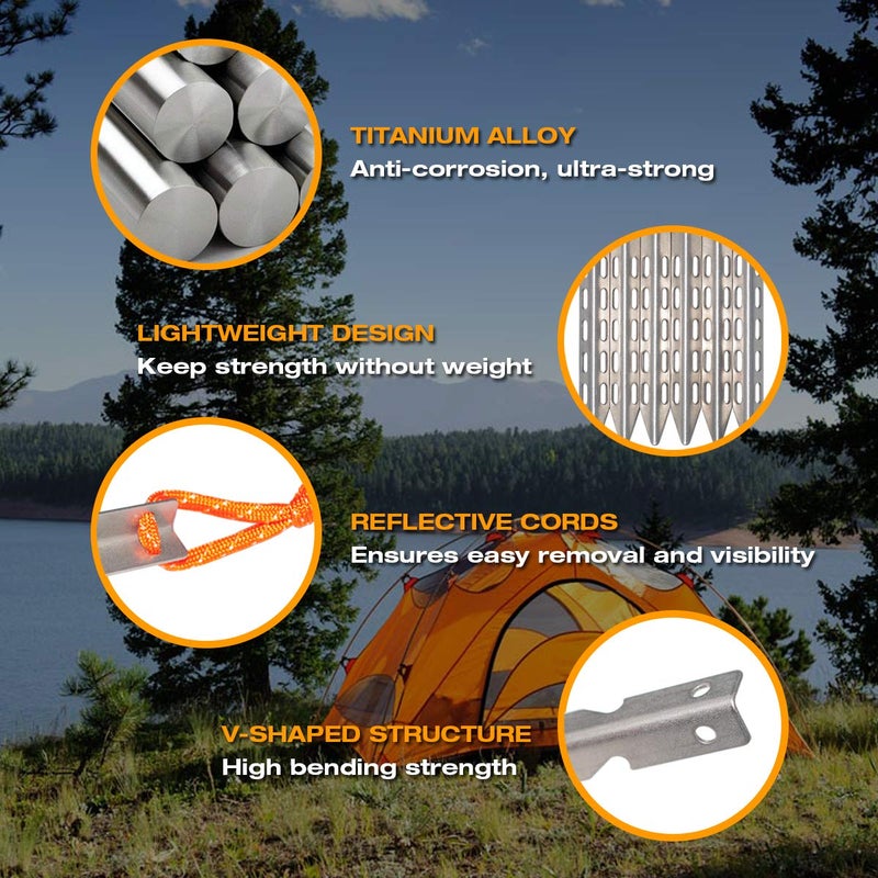 Hikemax Ultralight Titanium Tent Stakes 6 Pack - V-Shaped Tent Pegs with Reflective Pull Cords - Made for Camping - Image 2