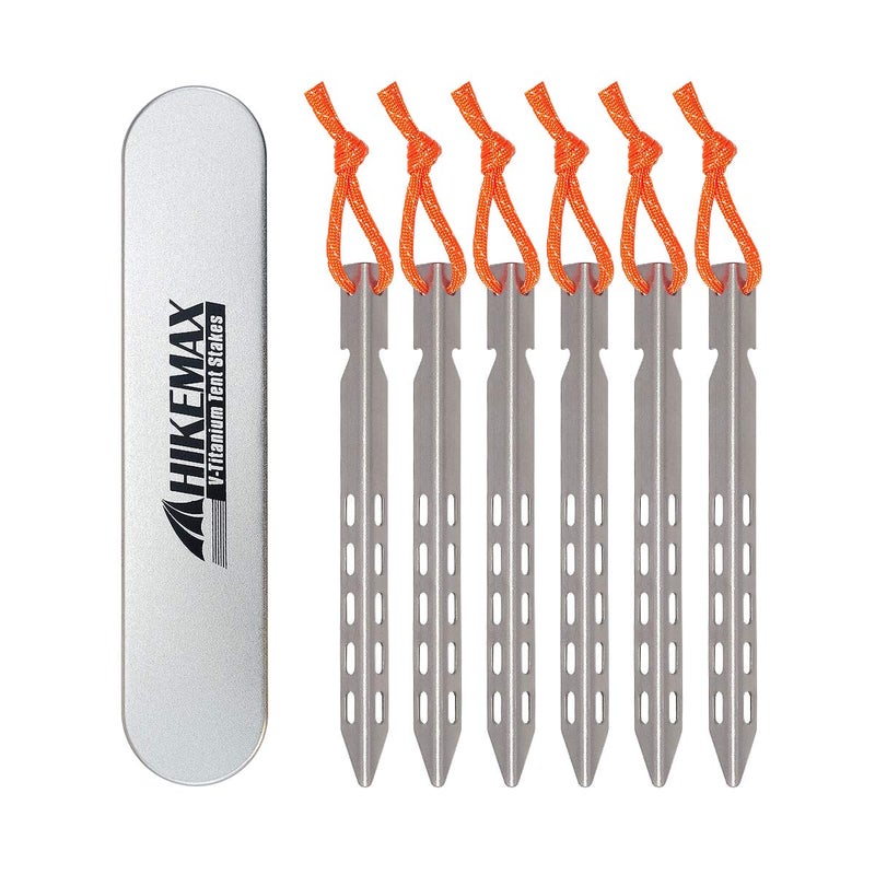 Hikemax Ultralight Titanium Tent Stakes 6 Pack - V-Shaped Tent Pegs with Reflective Pull Cords - Made for Camping - Image 1