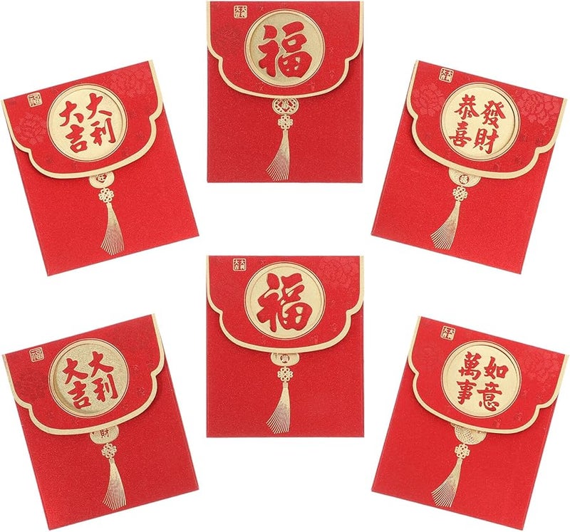 Glitter Matte Red Envelopes Set 6 Pcs Chinese New Year Money Holder Wedding Red Packets - Image 1