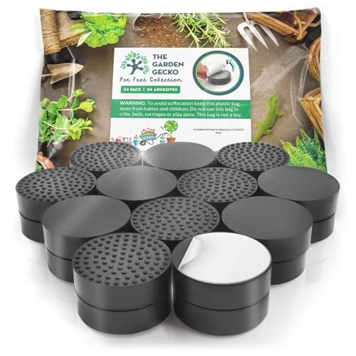 The Garden Gecko Invisible Pot feet for Outdoor Plant and Flower pots, Solid Rubber Pot risers with Enhanced Non-Slip Surface Grip | 24 Pack + 24 Strong SELF-Adhesive Pads (Pebble Black) - Image 1