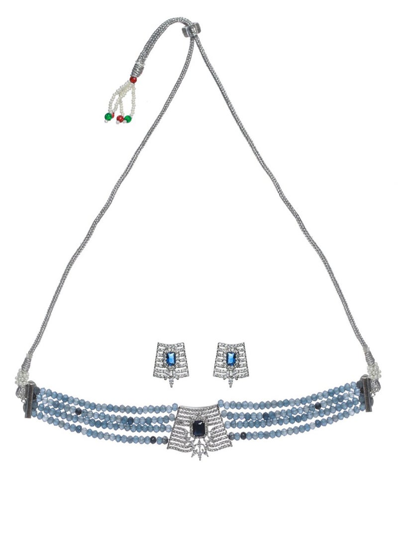 Priyaasi Women Blue AD-Studded  Beaded Multilayer Choker Jewellery Set  - Image 3