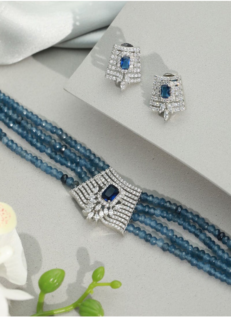 Priyaasi Women Blue AD-Studded  Beaded Multilayer Choker Jewellery Set  - Image 1