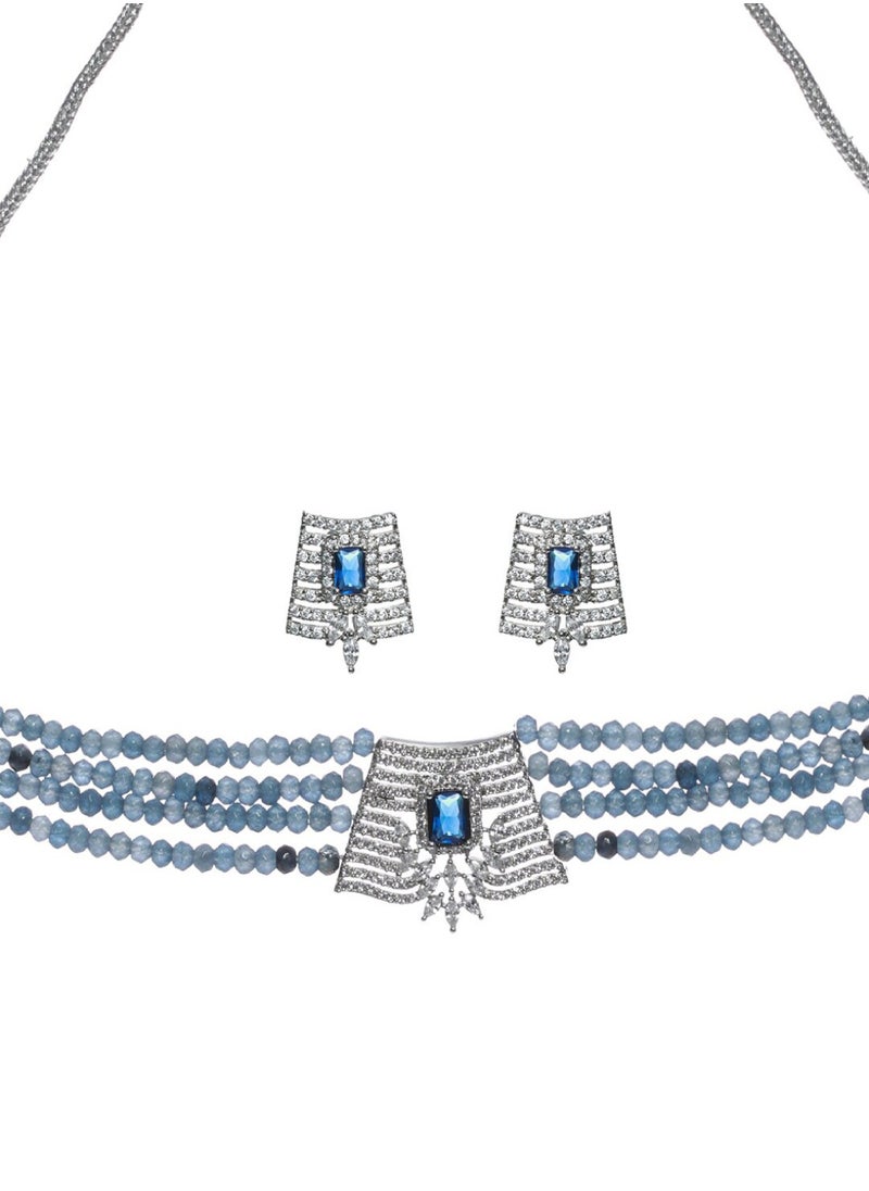 Priyaasi Women Blue AD-Studded  Beaded Multilayer Choker Jewellery Set  - Image 2