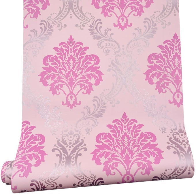 DAMASK WALLPAPER 328 FT ROLL REVAMP DINING TABLE STORAGE BINS WALL FURNITURE DECOR PAPER PINK SHELF DRESSER LINER L393X177 INCH