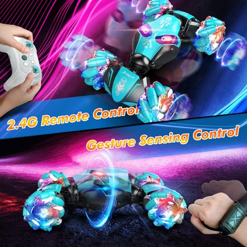 AEROQUEST Gesture Sensing RC Stunt Car 4WD HandControlled 24GHz Remote Control Drift Cars for Boys Girls Age 6812 AllTerrain OffRoad Twist Toy Cars with Lights Music for Birthday Gifts Blue - Image 5