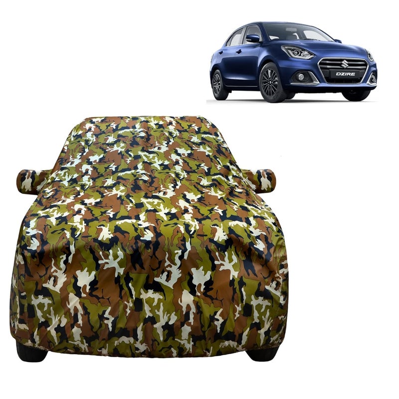VYAS 100% Waterproof Car Body Cover Compatible for Maruti Suzuki New Dezire (2017-2025) Mirror Pocket Triple Stitched Belt Buckle Fitting Dual Elastic, Durable Material Jungle Print Design - Image 1