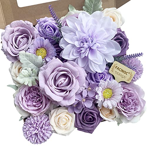 FACINOC Roses Artificial Flowers Purple Bouquets Box Set Fake Flower with Stems Bulk for DIY Bridal Wedding Shower Decorations Faux Floral Arrangements for Party Table Centerpieces Home Decor Indoor - Image 1