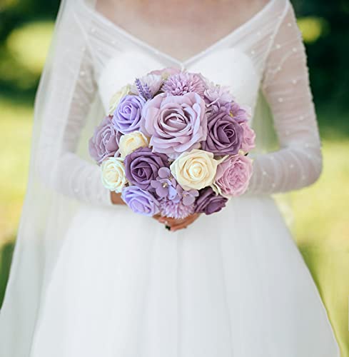 FACINOC Roses Artificial Flowers Purple Bouquets Box Set Fake Flower with Stems Bulk for DIY Bridal Wedding Shower Decorations Faux Floral Arrangements for Party Table Centerpieces Home Decor Indoor - Image 3