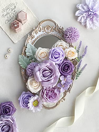 FACINOC Roses Artificial Flowers Purple Bouquets Box Set Fake Flower with Stems Bulk for DIY Bridal Wedding Shower Decorations Faux Floral Arrangements for Party Table Centerpieces Home Decor Indoor - Image 5