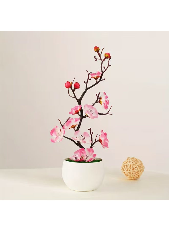 Artificial Potted Plum Blossom Bonsai – Wax-Finish Fake Flower Branch, Realistic Faux Indoor Plant for Home & Office Decor - Image 1