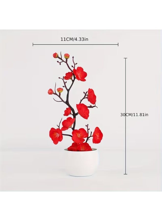 Artificial Potted Plum Blossom Bonsai – Wax-Finish Fake Flower Branch, Realistic Faux Indoor Plant for Home & Office Decor - Image 3