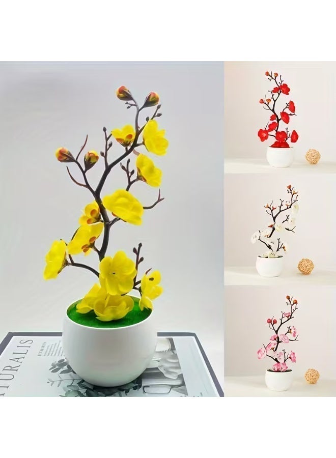 Artificial Potted Plum Blossom Bonsai – Wax-Finish Fake Flower Branch, Realistic Faux Indoor Plant for Home & Office Decor - Image 4