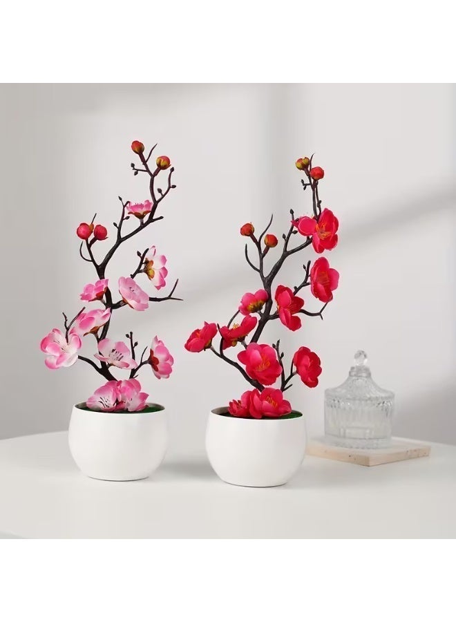 Artificial Potted Plum Blossom Bonsai – Wax-Finish Fake Flower Branch, Realistic Faux Indoor Plant for Home & Office Decor - Image 2