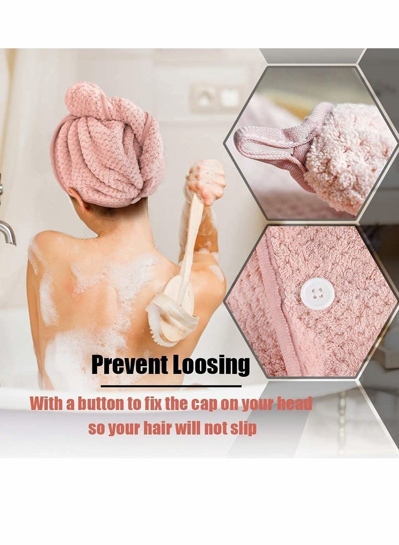Drying Hair Towel, Microfiber Wrap Dry Cap, Magic Fast Towelette with Elastic Loop Button for Long Curly Anti-frizz All Types (Pink, Brown) - Image 2