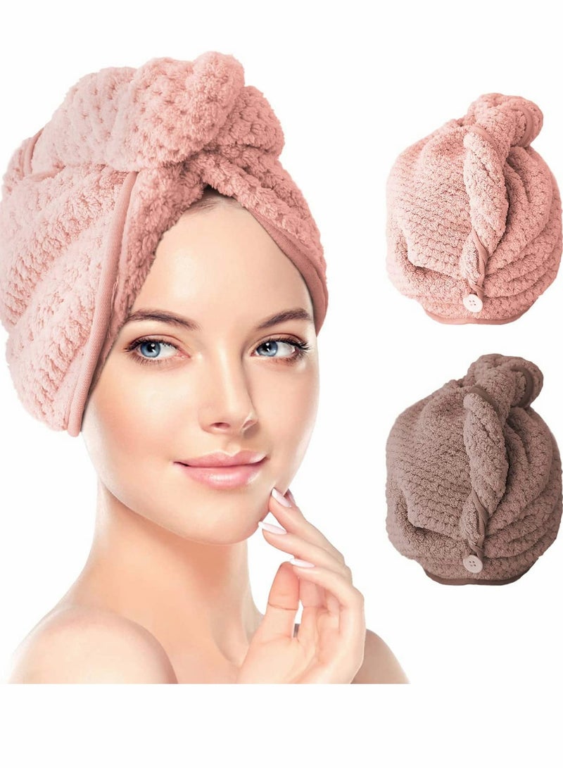 Drying Hair Towel, Microfiber Wrap Dry Cap, Magic Fast Towelette with Elastic Loop Button for Long Curly Anti-frizz All Types (Pink, Brown) - Image 1