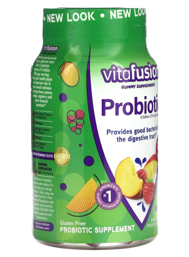 Vitafusion Probiotic Gummies Natural Raspberry Peach & Mango 5 Billion CFUs 70 Gummies - Image 2