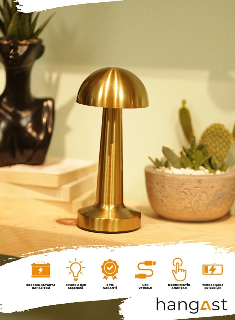 Loquat Industrial wireless LED lamp for table, metal, rechargeable battery powered, touch sensor, 3 brightness levels, portable, suitable for use as a night light in restaurants (A: Gold) - Image 2