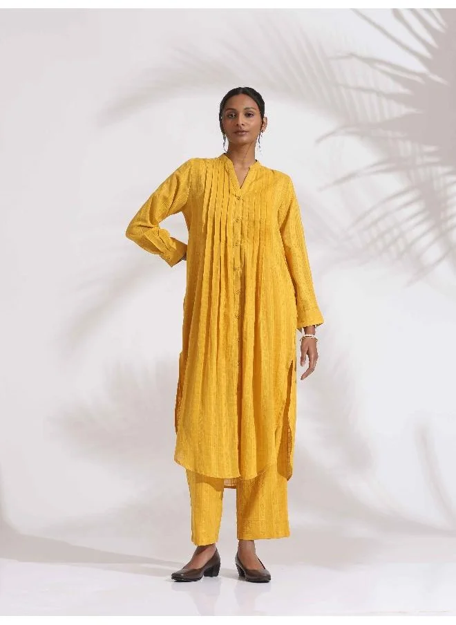 trueBrowns Yellow Cotton Pleated Shirt Kurta Set