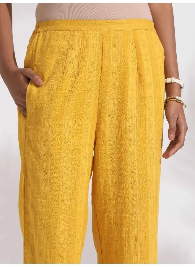 trueBrowns Yellow Cotton Pleated Shirt Kurta Set