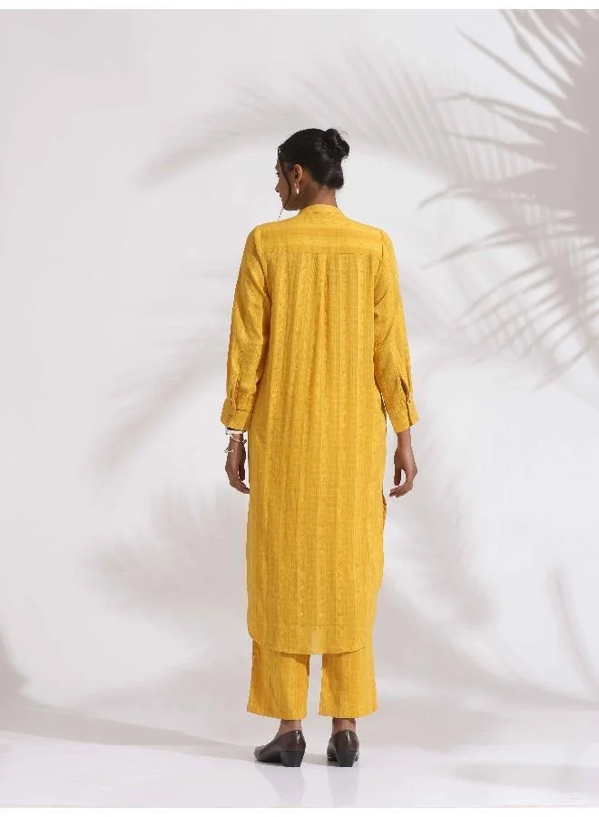 trueBrowns Yellow Cotton Pleated Shirt Kurta Set