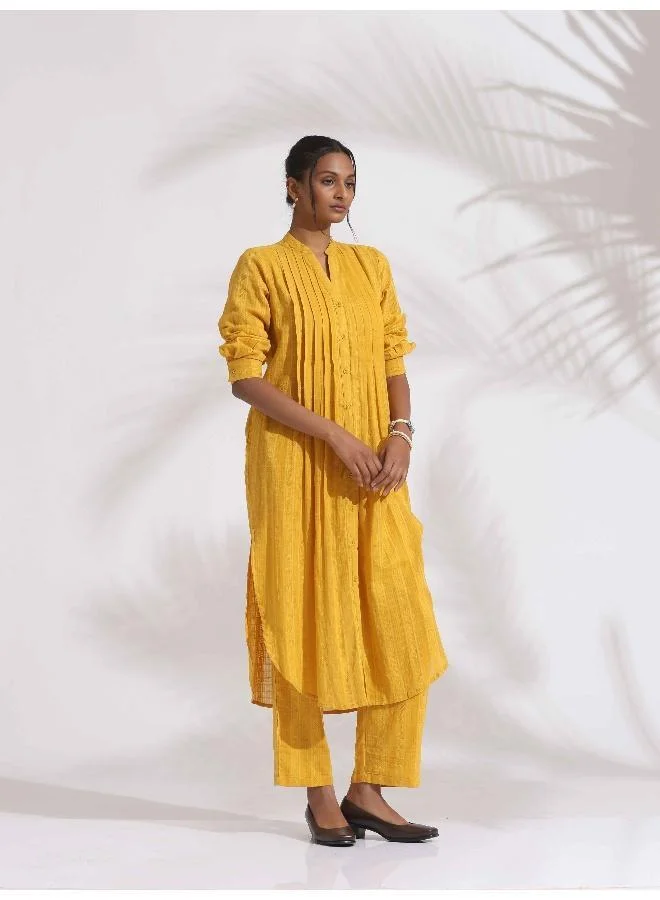 trueBrowns Yellow Cotton Pleated Shirt Kurta Set