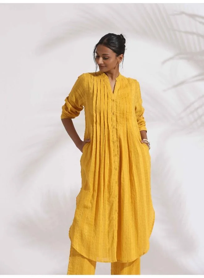 trueBrowns Yellow Cotton Pleated Shirt Kurta Set