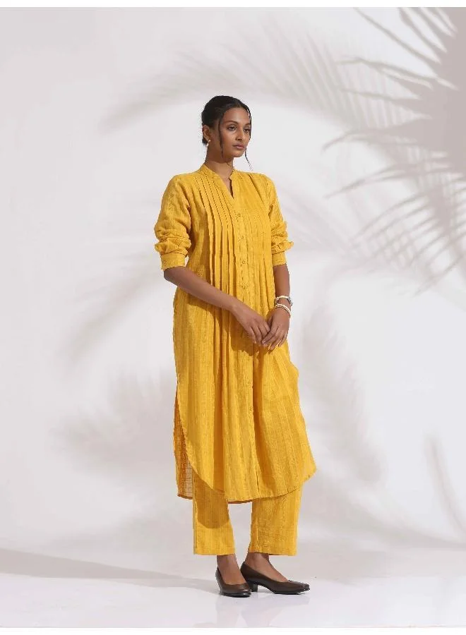 trueBrowns Yellow Cotton Pleated Shirt Kurta Set