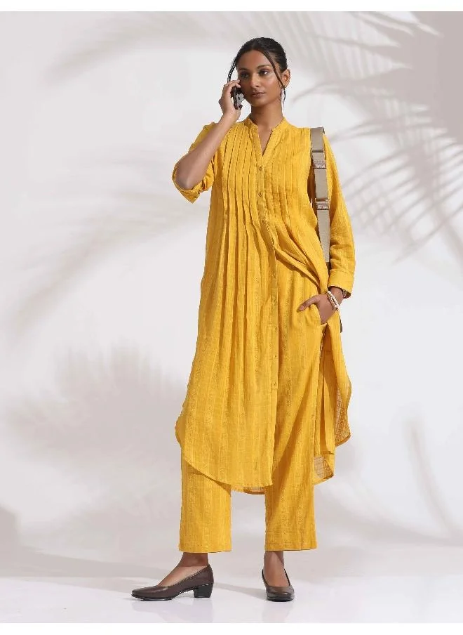 ترو برونز trueBrowns Yellow Cotton Pleated Shirt Kurta Set