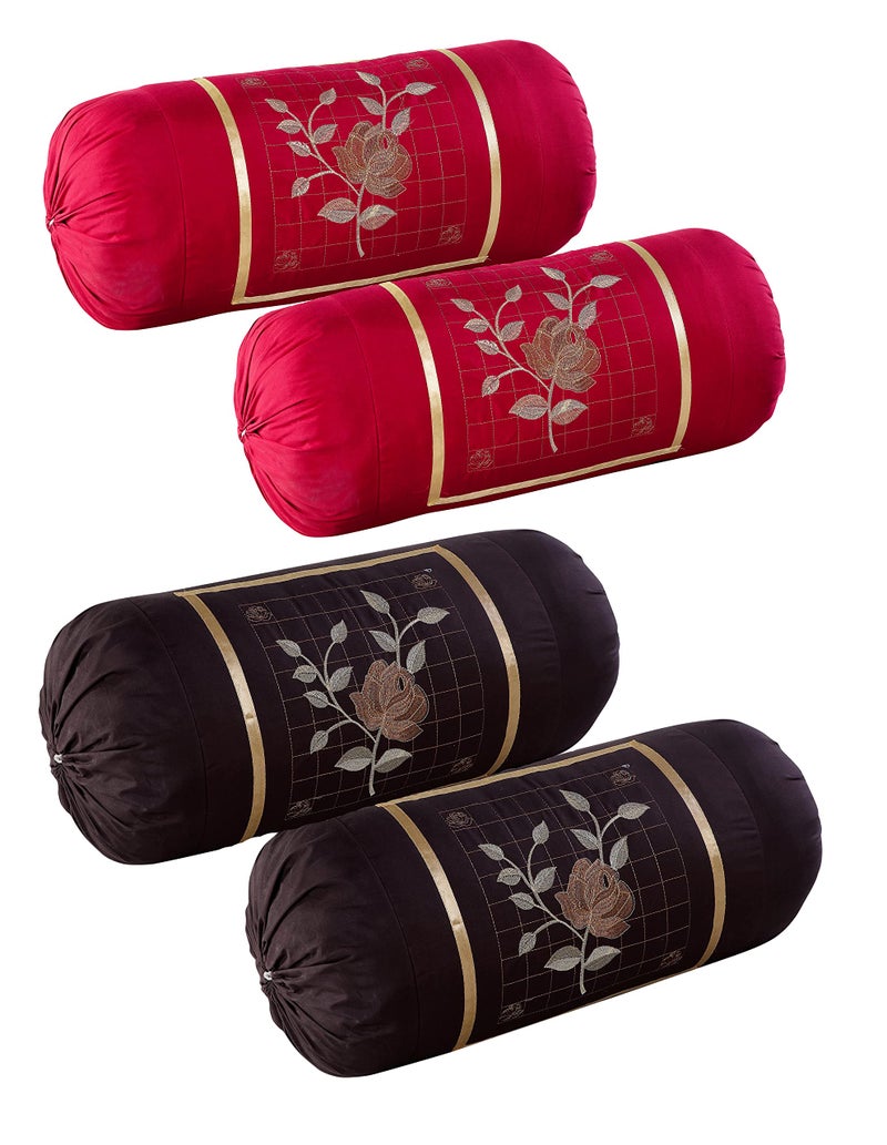 Rj Products™ Embroided Cotton Bolster Covers Set of 4 Piece (Maroon & Brown) - Image 1