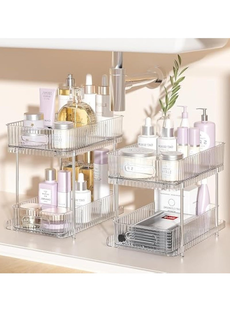 Captaintech 2Pcs 2-Tier Clear Bathroom Under Sink Organizers and Storage,Snap-Lock Pull Out Bathroom Medicine Cabinet Organizer,Multi-Purpose Kitchen Pantry Organizer and Storage with Movable Divider