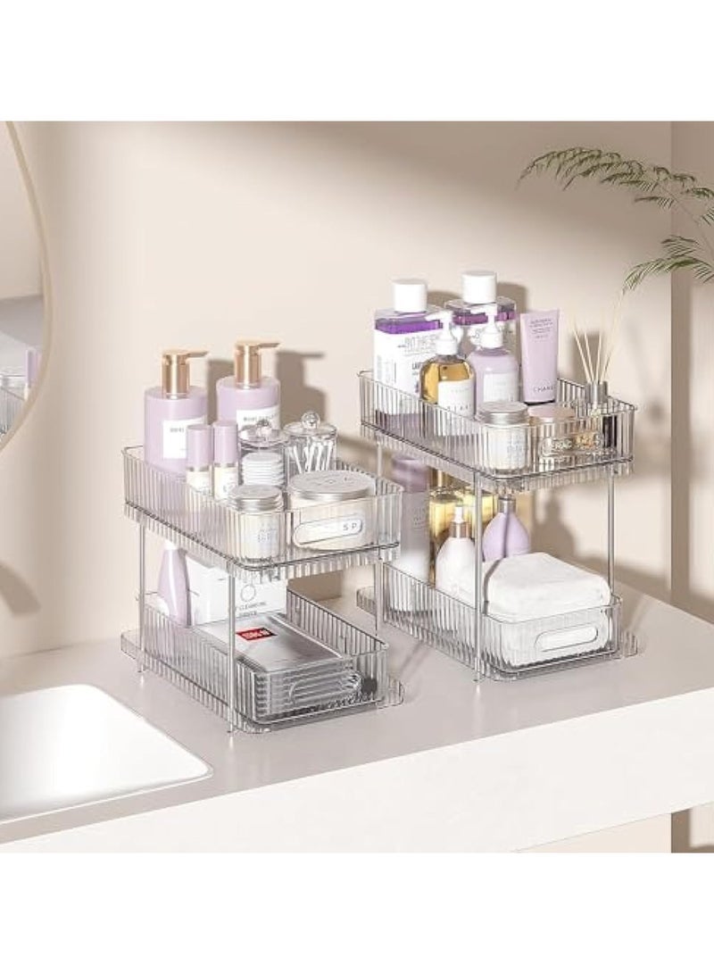 كابتن تيك 2Pcs 2-Tier Clear Bathroom Under Sink Organizers and Storage,Snap-Lock Pull Out Bathroom Medicine Cabinet Organizer,Multi-Purpose Kitchen Pantry Organizer and Storage with Movable Divider - Image 2