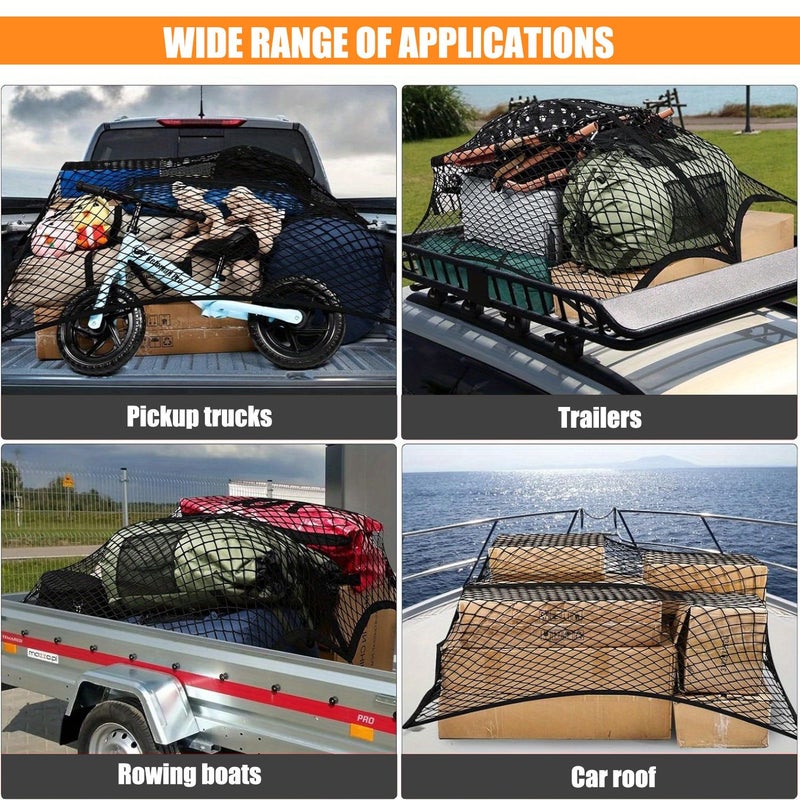 Large Multipurpose Truck Cargo Net With 4 Hooks And 2 Buckles Pickup Truck Bed Net Luggage Storage Stretchable Mesh Organizer 47.2 Inch By 47.2 Inch - Image 4