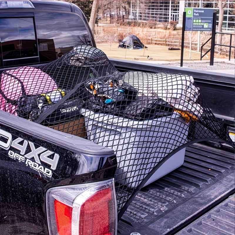 Large Multipurpose Truck Cargo Net With 4 Hooks And 2 Buckles Pickup Truck Bed Net Luggage Storage Stretchable Mesh Organizer 47.2 Inch By 47.2 Inch - Image 5