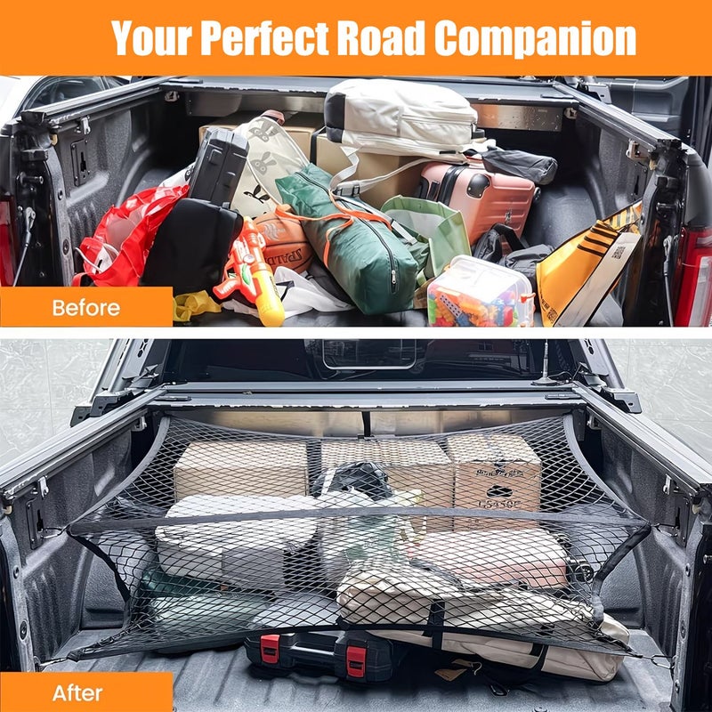 Large Multipurpose Truck Cargo Net With 4 Hooks And 2 Buckles Pickup Truck Bed Net Luggage Storage Stretchable Mesh Organizer 47.2 Inch By 47.2 Inch - Image 3