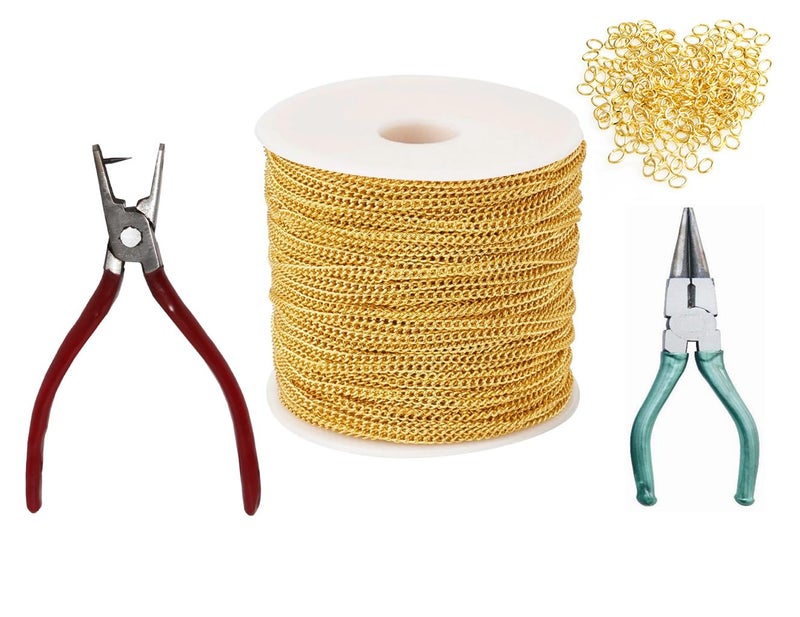 SHARUM CRAFTS Shaum Crafts Combo of Link Anchor Chain Golden 1mm 5 Mtr Jump Ring Round Nose Hole Punch Plier - Image 1