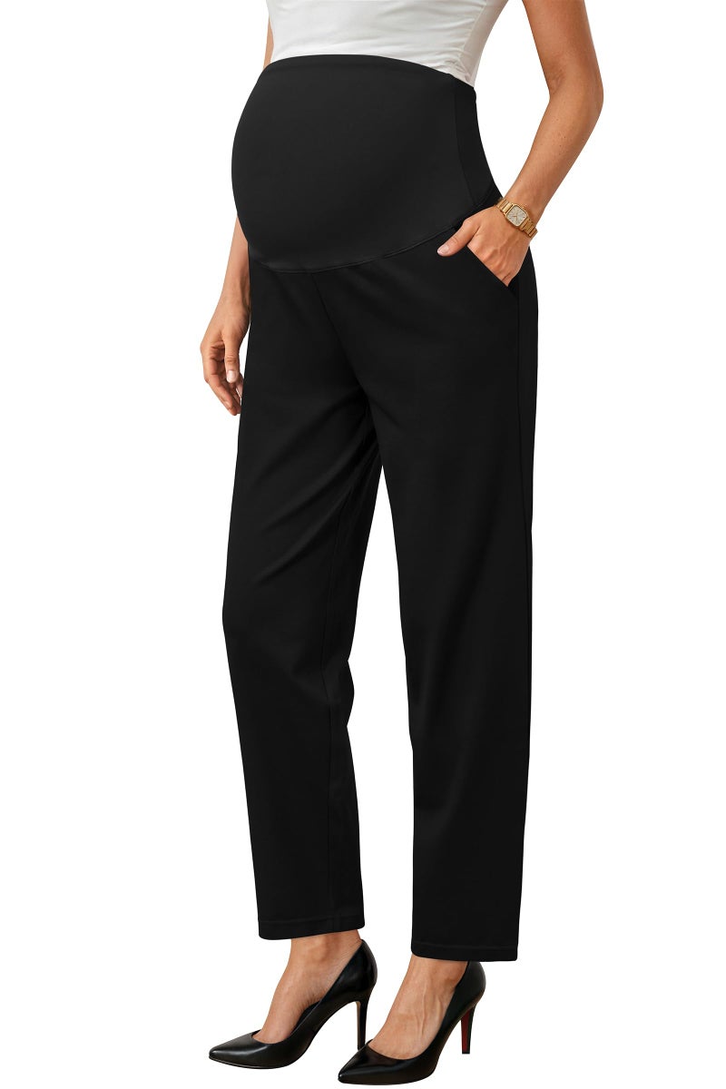 OUGES Womens 2026 Stretchy Maternity Pants Over Belly Pregnancy Business Casual Work Office Trousers Lounge Scrub Pants with Pockets Maternity Clothes Pregnancy Must Have (Black,L) - Image 1