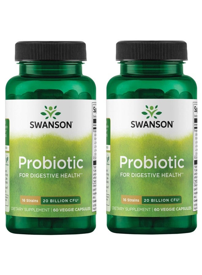 Swanson Probiotic for Digestive Health GI Tract Immune Support Travelers Support 20 Billion CFU with Prebiotic FOS 60 Veggie Capsules (Caps) (2 Pack)
