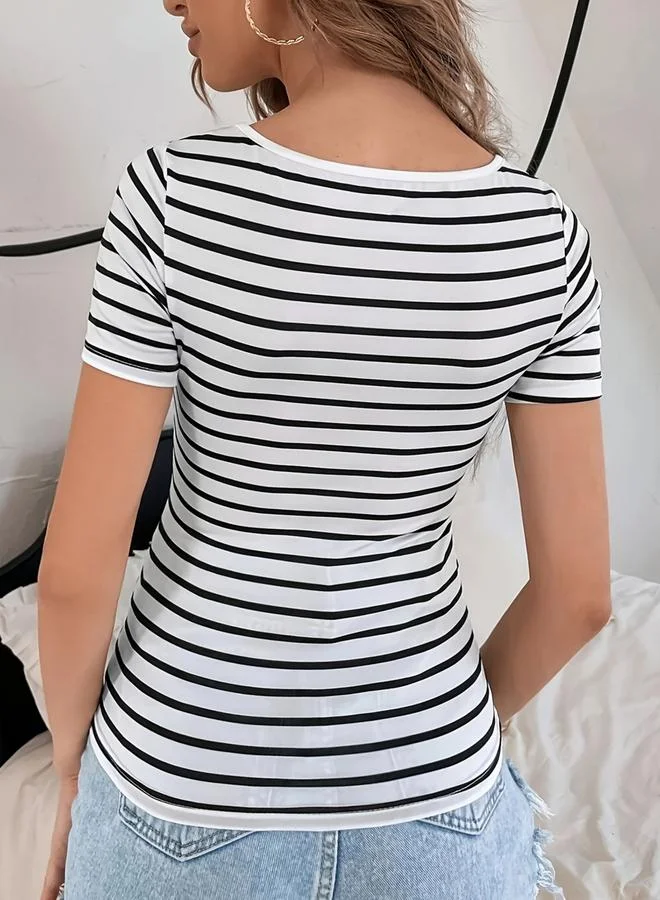 Take Two White Striped Short Sleeves Top