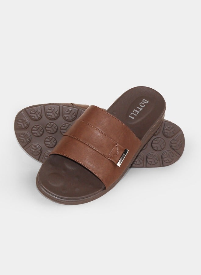 BOTELI Men Brown Leather One Band Slide Sandals Comfort Thick Sole Non Slip Daily Slippers - Image 2