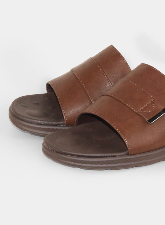 BOTELI Men Brown Leather One Band Slide Sandals Comfort Thick Sole Non Slip Daily Slippers - Image 3