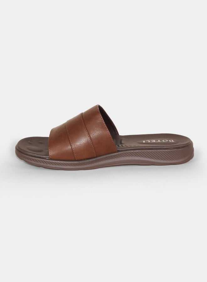 BOTELI Men Brown Leather One Band Slide Sandals Comfort Thick Sole Non Slip Daily Slippers - Image 4