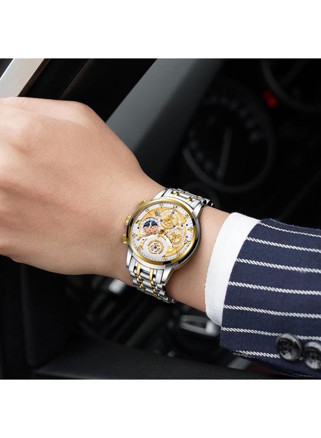 Luxury Men's Moon Phase Watch Multifunction Chronograph Quartz Wristwatch with Luminous Dial Waterproof Stainless Steel Strap  - Image 4