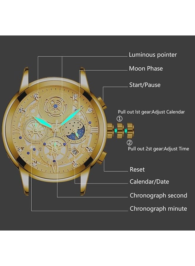 Luxury Men's Moon Phase Watch Multifunction Chronograph Quartz Wristwatch with Luminous Dial Waterproof Stainless Steel Strap  - Image 5