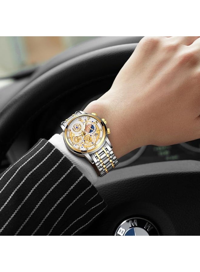 Luxury Men's Moon Phase Watch Multifunction Chronograph Quartz Wristwatch with Luminous Dial Waterproof Stainless Steel Strap  - Image 3