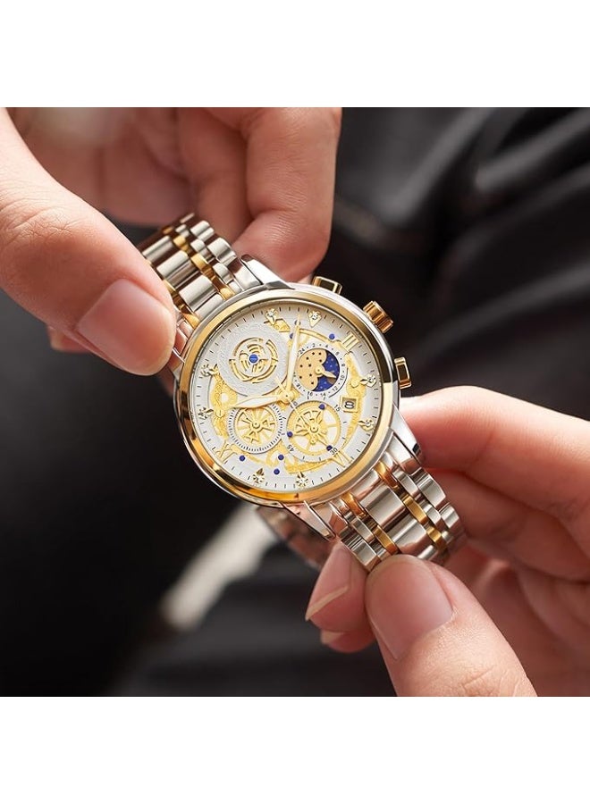 Luxury Men's Moon Phase Watch Multifunction Chronograph Quartz Wristwatch with Luminous Dial Waterproof Stainless Steel Strap  - Image 2