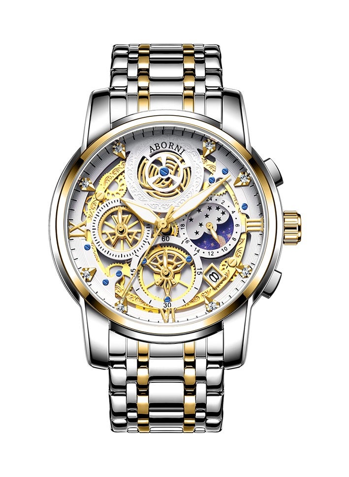 Luxury Men's Moon Phase Watch Multifunction Chronograph Quartz Wristwatch with Luminous Dial Waterproof Stainless Steel Strap  - Image 1